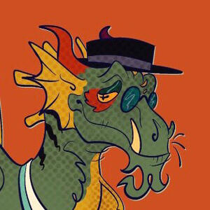 Green dragon with yellow spikes and fin ears. Black wiggly stripes down neck. Upward tusks and whiskers. Porkpie hat.